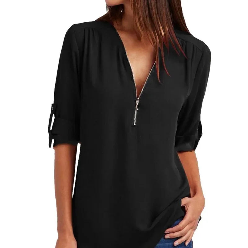 Customizable Women Blouse Zipped Rolled Sleeve Blouse Tailor-made T-Shirts CS6611