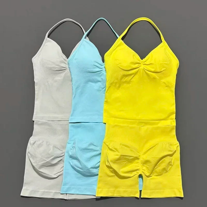 Yoga 2 Pieces Gym Set Women Backless Halter Tops High Waist Seamless Shorts Gym Suit Fitness Sports Bras Sportswear Workout Sets