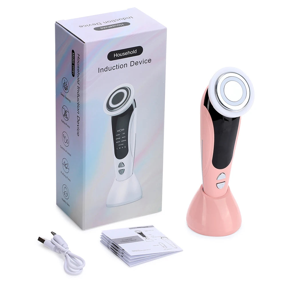 7 in 1 EMS Facial Massager Face Beauty Instrument with Induced Vibration and Hot Compress Face Skin Care Tool LED Light Therapy , Women