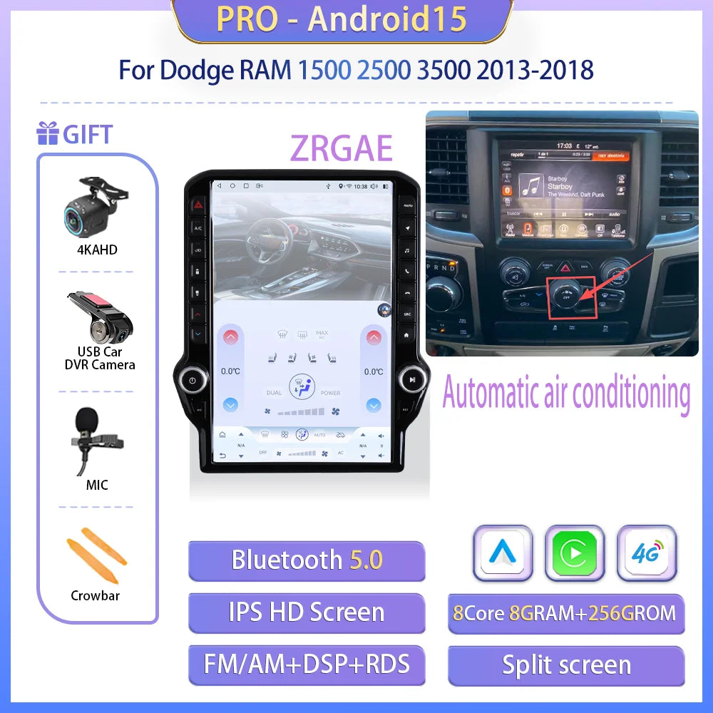 14.5" Android 15 Car radio multimedia player For Dodge RAM 1500 2500 3500 2013-2018 GPS Navigation Tesla Screen Wireless Carplay