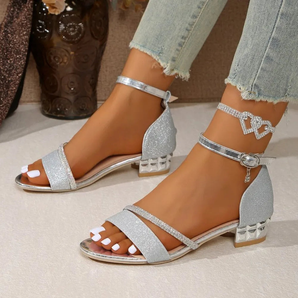 Crystal Low-Heel Dress Sandals for Women — Ankle-Strap Plus-Size Party Shoes