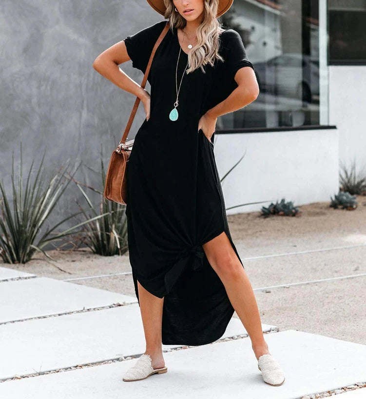 Women's Short Sleeve V-Neck Tie Dye Maxi Dress, Gradient Color Casual Loose Dress with Pockets & Side Slit, Perfect for Beach