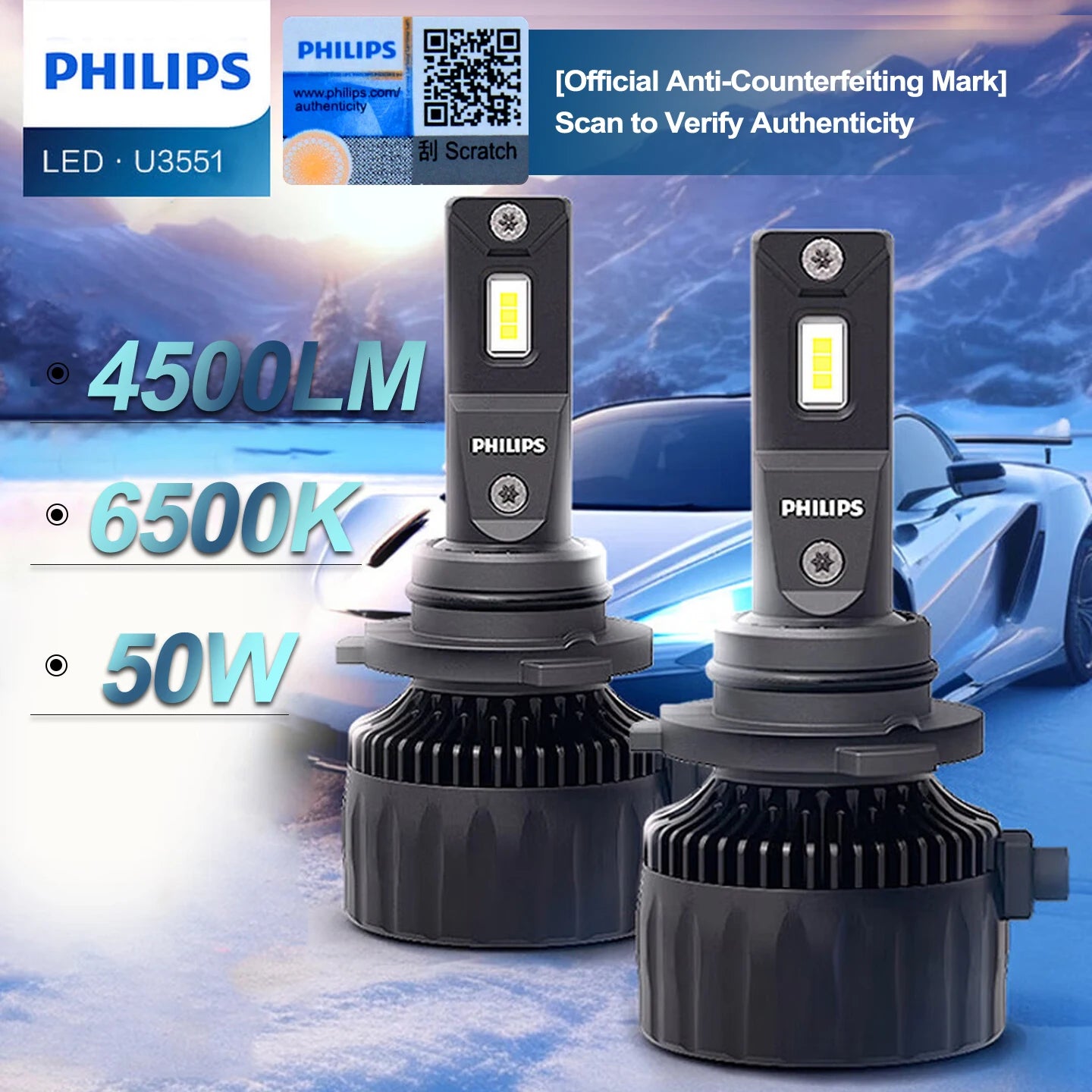Philips Ultinon Rally 3551 LED H4 H7 H11 HB3/4 9006 9005 HIR2 Car Headlight 6500K White Max Power 50W Max Lumen 4500lm LED Bulb