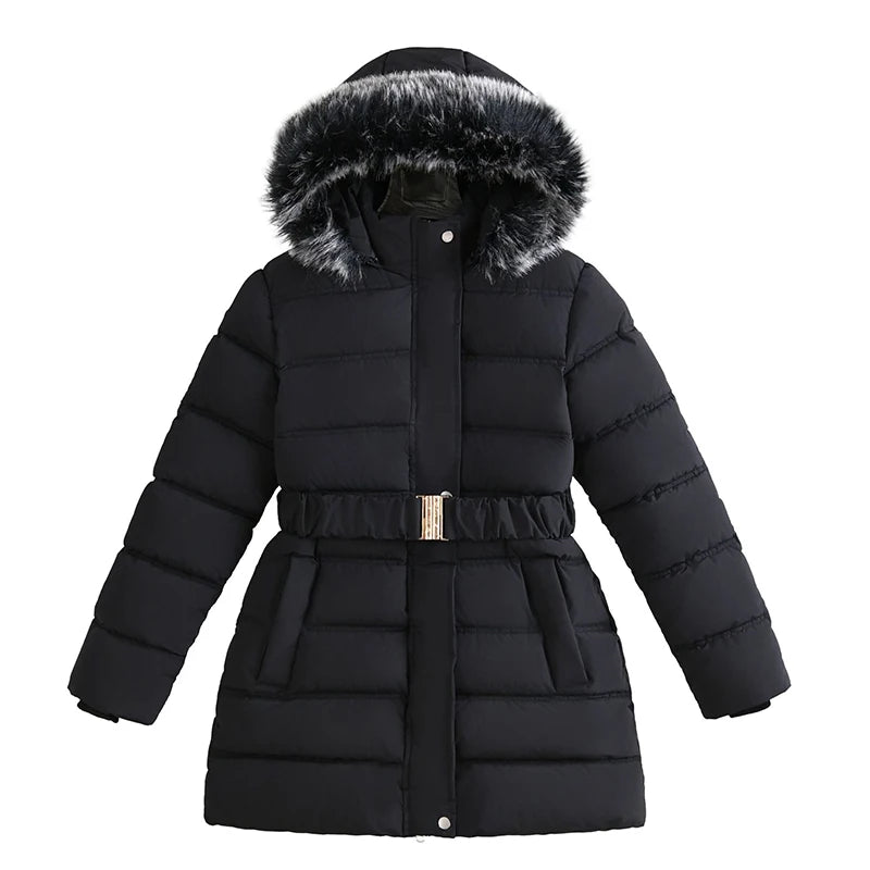Girls Belted Hooded Parka - Mid-Length Plush Winter Coat, 5-12 Years - photo 7