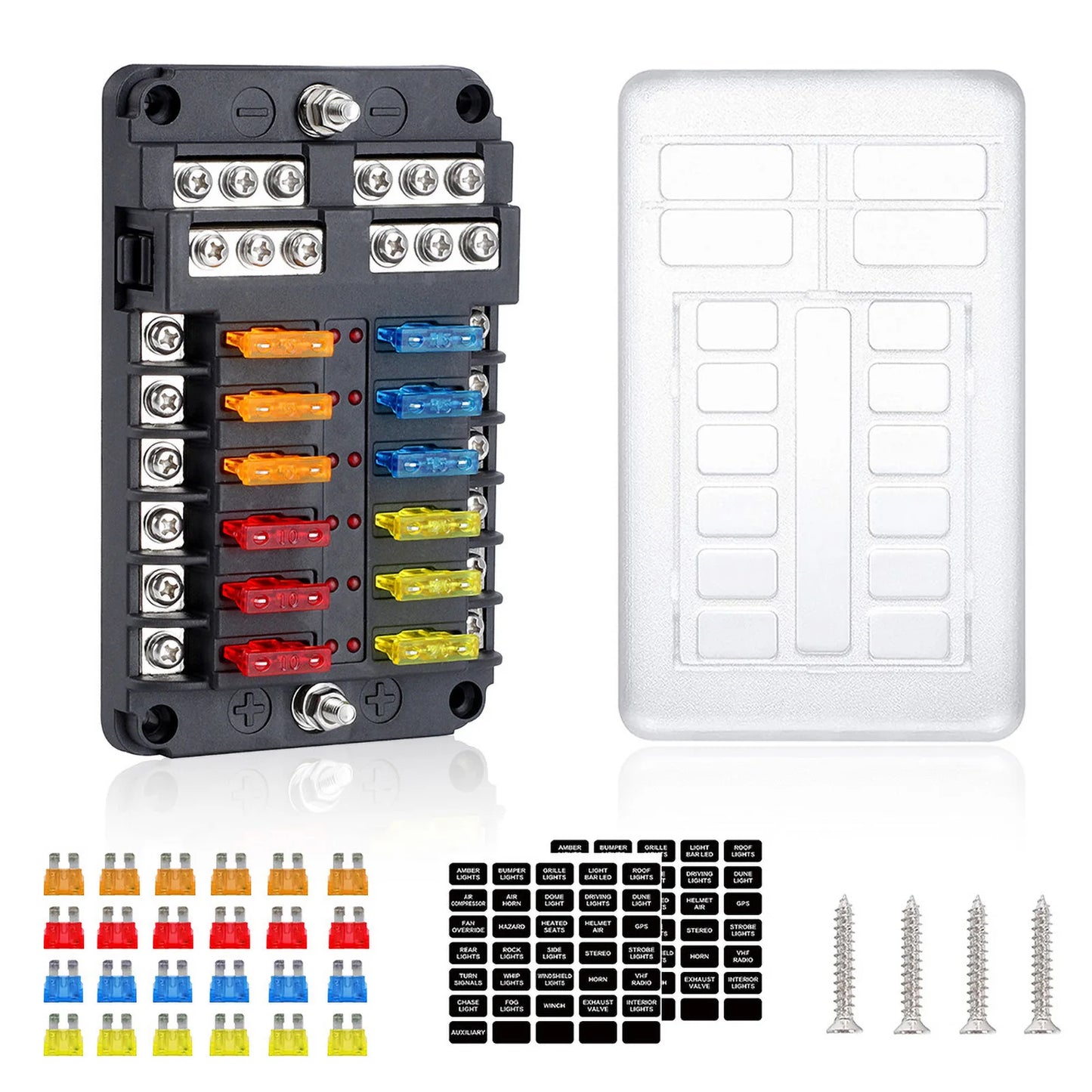 6-12 Way Blade Fuse Block Fuse Box Holder Cover With LED Indicator For a Pillar Switch Panel 12V-24V Board Camper RV Boat