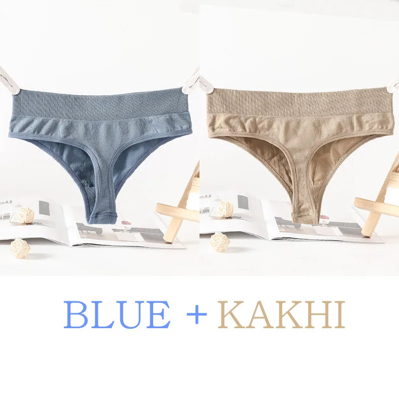2PCS/Set G-String Seamless Panties Women Thongs Sexy Lingerie Solid Color Female High Waist Thongs Women's Underwear