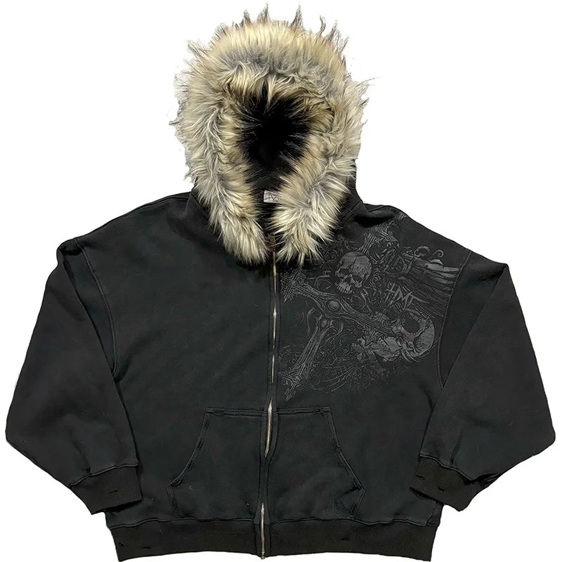 Women's Faux Fur Collar Zip-Up Hoodie, Gothic Streetwear