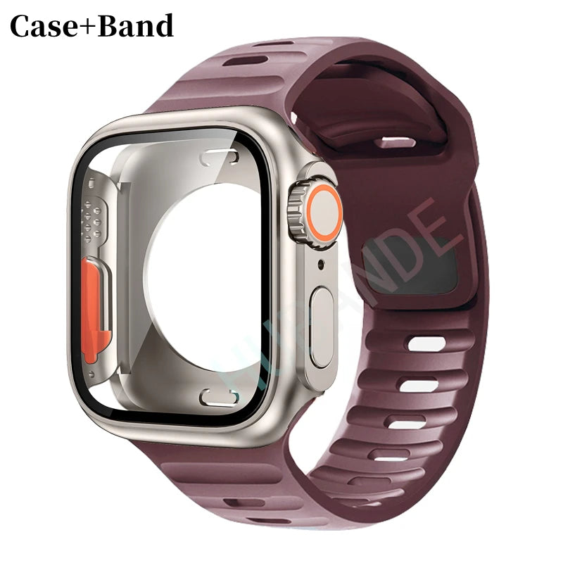 Silicone strap For Apple Watch 44mm 45mm 41mm 40mm Bracelet+Screen protectores Change to Ultra For iWatch Series 9 8 7 SE 6 5 3