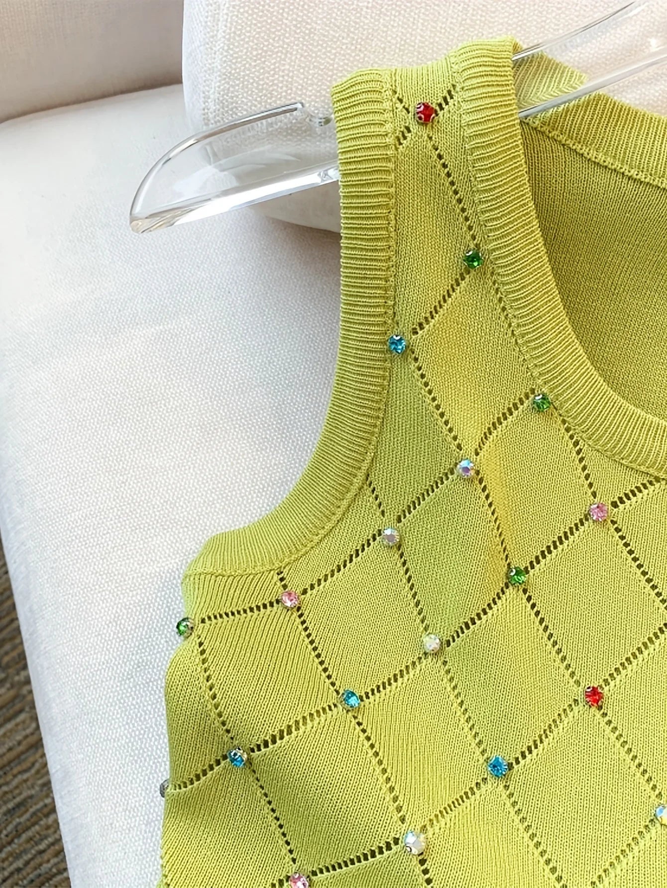 Colorful Rhinestone Knitted Tank Top Casual Crew Neck Sleeveless Tank Top For Summer  Women's Clothing Crop Top Camis
