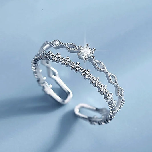 Ventfille 925 Sterling Silver Flower Lace Ring Adjustable CZ Ring