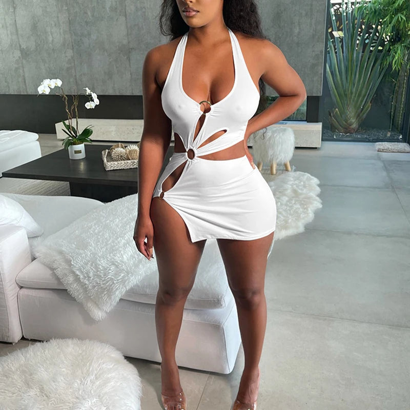 Summer Dresses Woman 2026 High Street Stretch Slim Hollow Sexy Mini Bodycon Dress Elegant Orange Sleeveless Club Party Sundress
