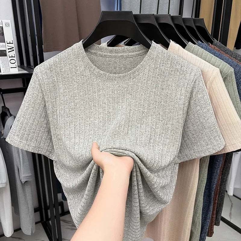 Men's Vertical Ribbed Tee - Crew Neck, Soft Elastic Daily Fabric