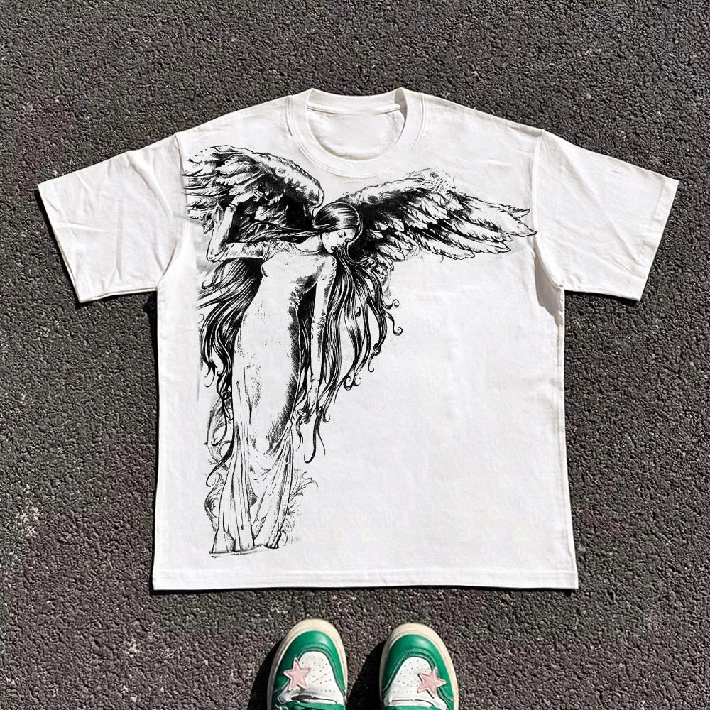 Y2K Gothic Print Oversized T-Shirt — Unisex Cotton Round-Neck Streetwear Tee