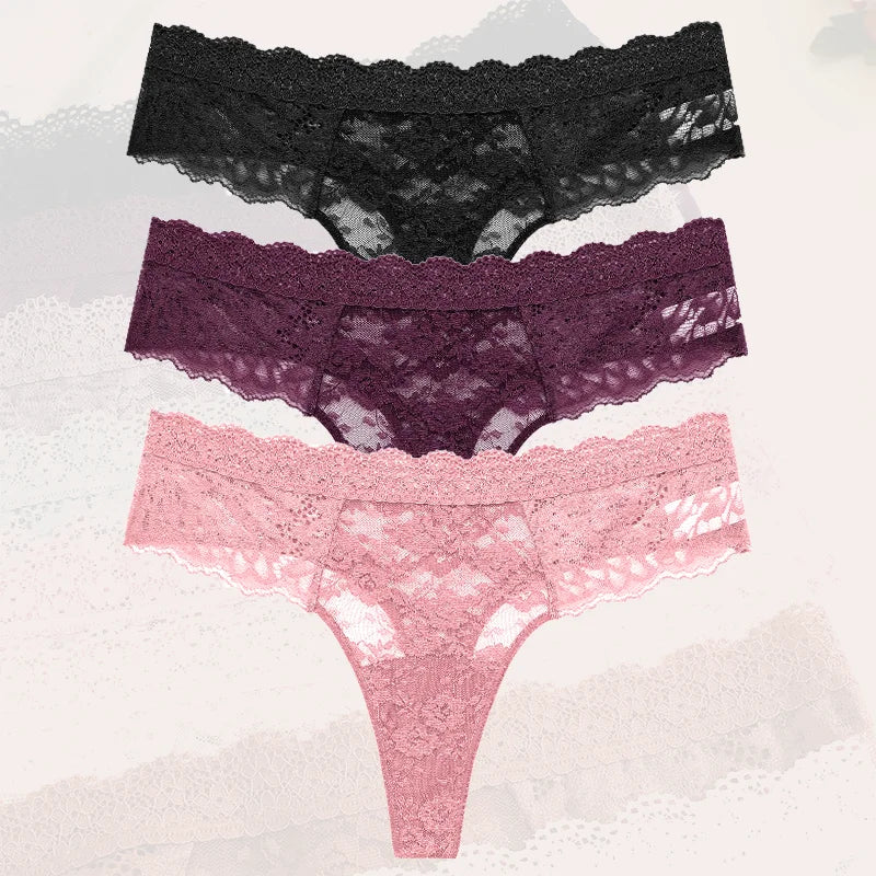3-Pack Floral Lace Thongs – Soft Low-Rise Seamless Panties