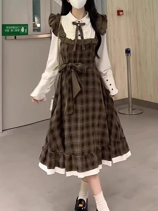 Autumn French Vintage Elegant Women Midi Dresses Y2k Casual Design Plaid Evening Dress New Fashion Office Korean Popular Clothes