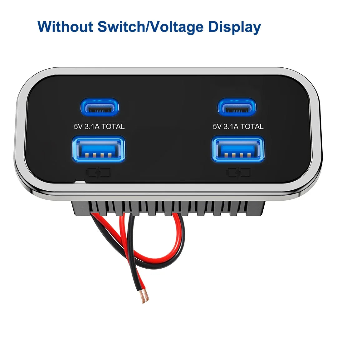 12V-24V 4 Ports Dual USB PD3.0 QC3.0 Outlet 76W Type-C Quick Charge Panel Wall Mount Charger Adapter for Marine Bus ATV Truck RV