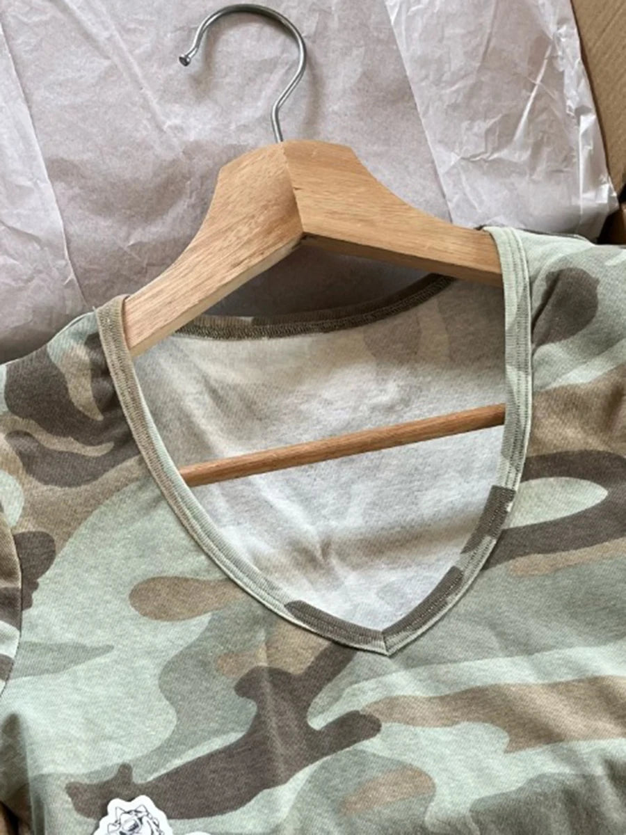 Camouflage Thin Short Sleeve T-shirt Women V-neck Cotton Slim All-match Tee Shirts Female Streetwear Vintage Y2k Tops Summer New