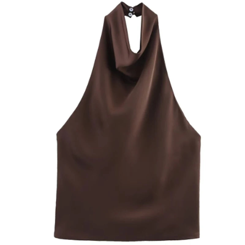 Women's Satin Halter Crop Top — Off-Shoulder Backless Sleeveless Cami