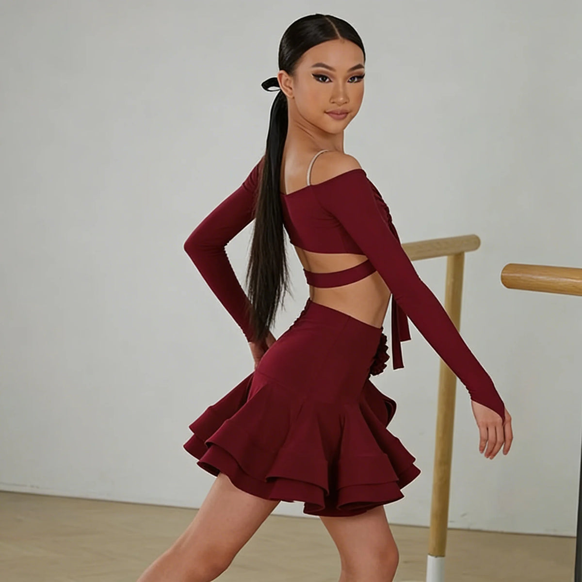 Girls burgundy Latin dance top and skirt set