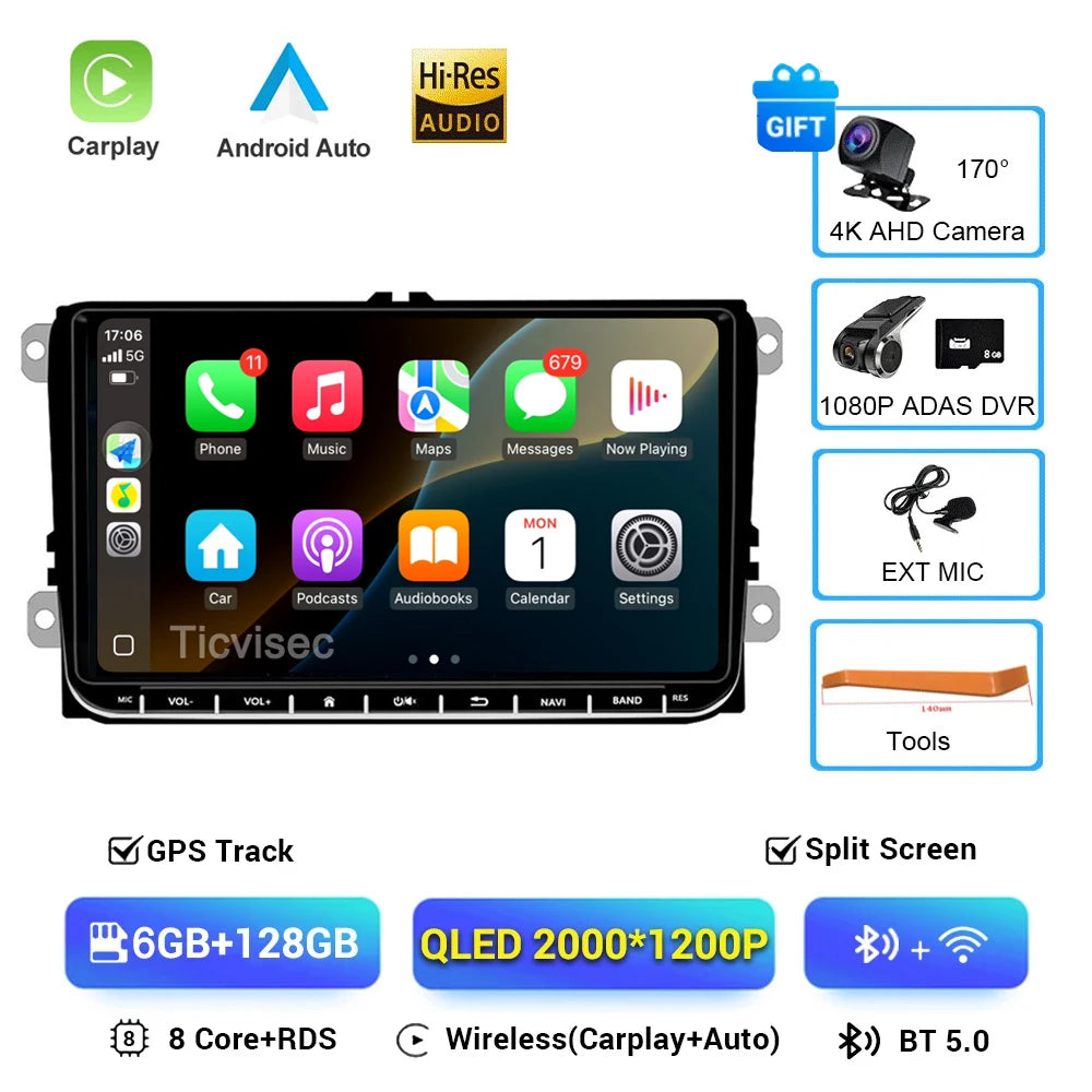 2 Din Android 16 Car Radio 9'' GPS With Carplay For VW/Volkswagen Passat Golf MK5 MK6 Jetta EOS POLO Touran Seat Sharan