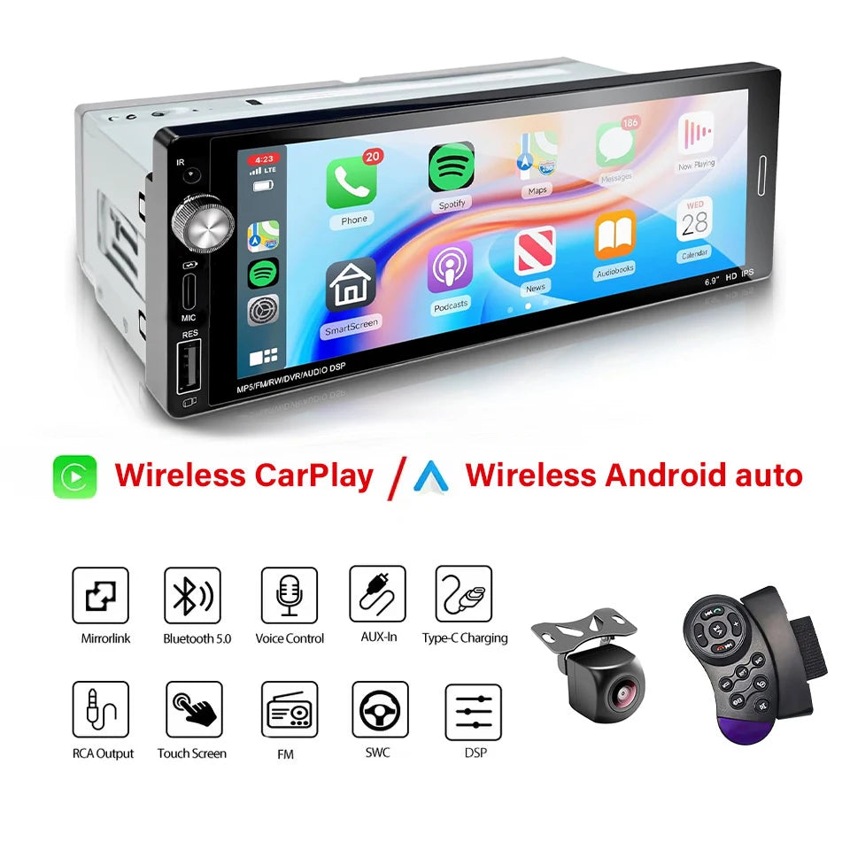 6.9" 1-DIN Car Stereo — Wireless & Wired CarPlay, Android Auto, USB-C Fast Charging, FM Radio