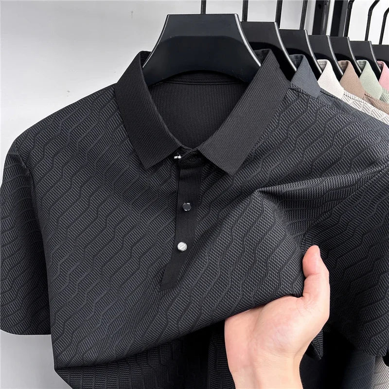 Men's Hollow-Mesh Polo - Wave Pattern, Slim Elastic Business Fit