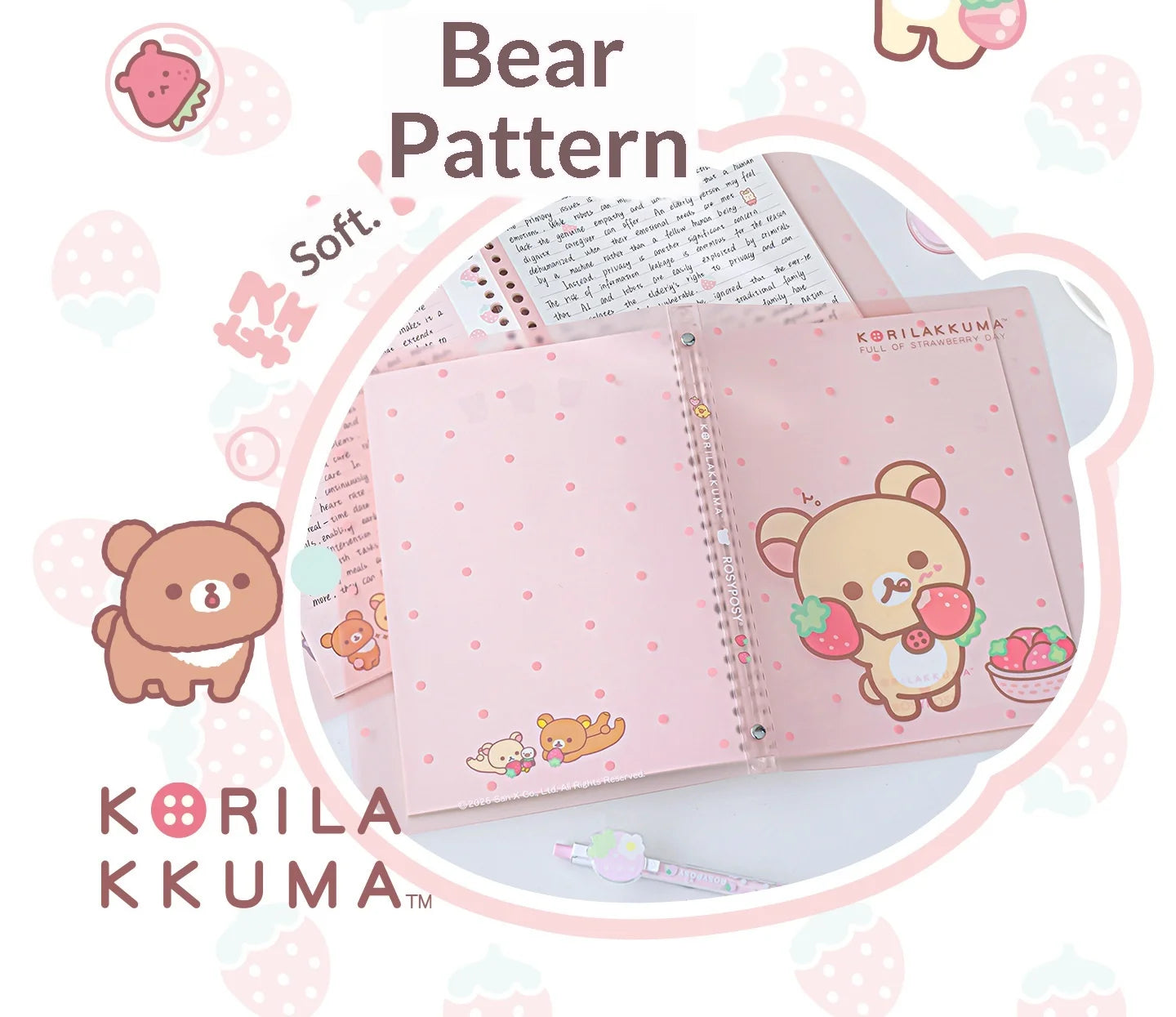 Rosyposy Korilakkuma Strawberry B5 Loose Leaf Notebook Soft Cover Cute Journal For Daily Study Writing Note Taking