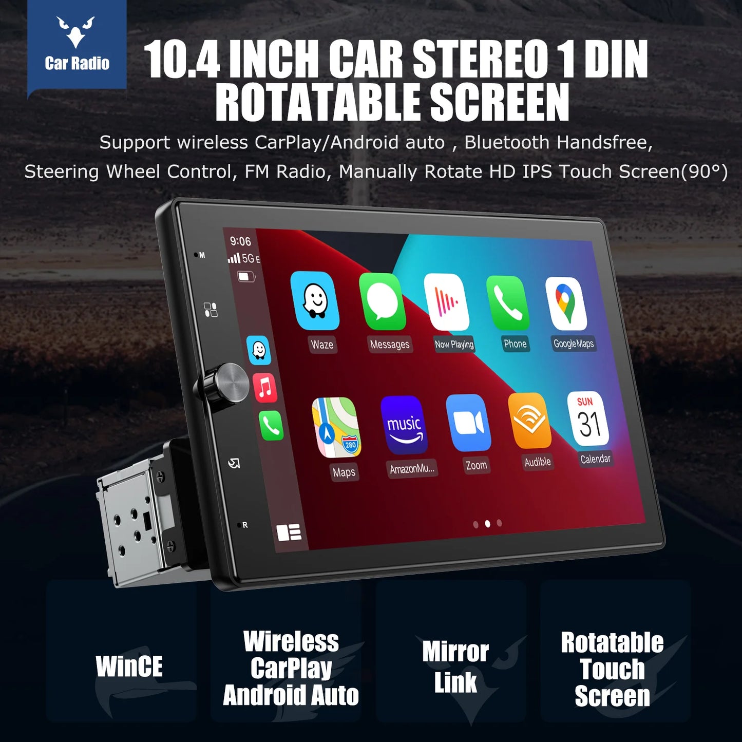 ESSGOO 10.1" Rotatable 1-DIN Car Stereo — Wireless CarPlay, Android Auto, IPS Touchscreen, USB/AUX/TF