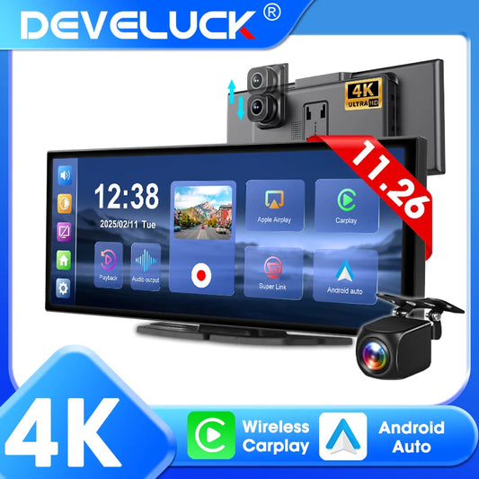 Develuck 11.26" 4K Portable Dash Cam & CarPlay Screen — Wireless Android Auto, 5G WiFi, GPS Navigation