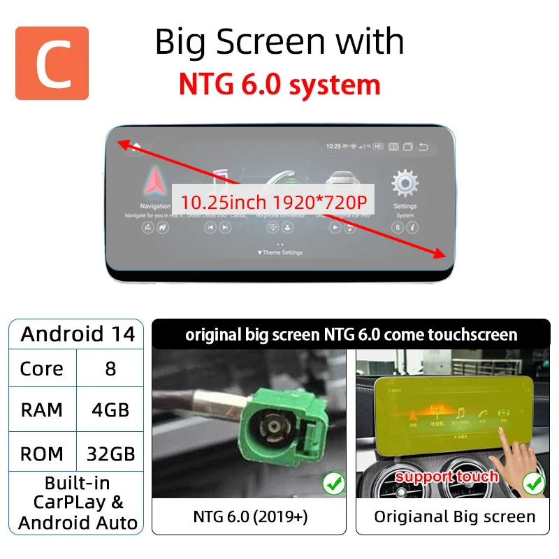 Android 14 Carplay Auto Radio Touch Screen For Mercedes C GLC V W205 X253 W447 NTG 5.5 6.0 2019-2023 Smart Car System Head Unit