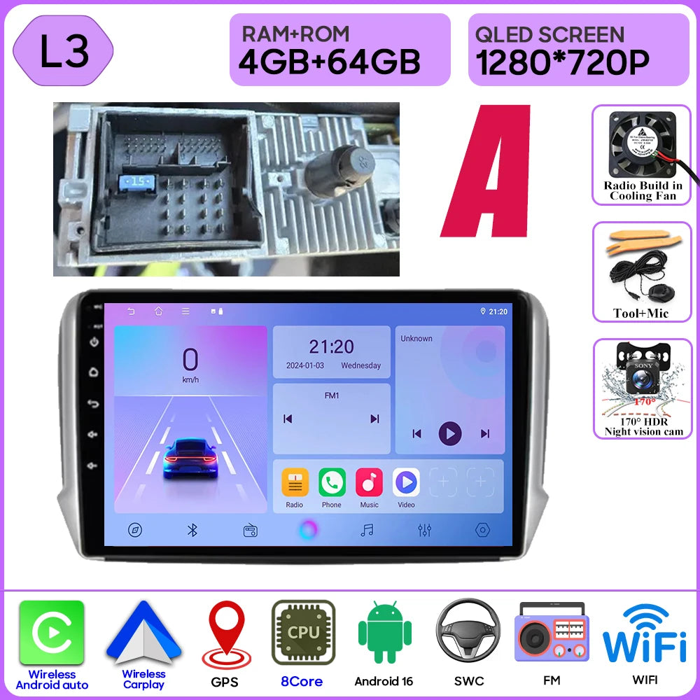 Android 16 GPS Navigation For Peugeot 2008 208 Series 2012 - 2018 Carplay Car Radio Multimedia Player Stereo Video BT 2k Screen