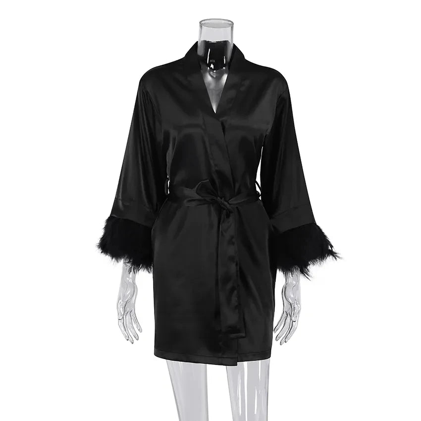 Women's Satin Robe with Feather Trim, Bridal Robe