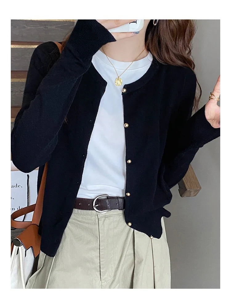 Women's Round Neck Knit Cardigan — Button Front