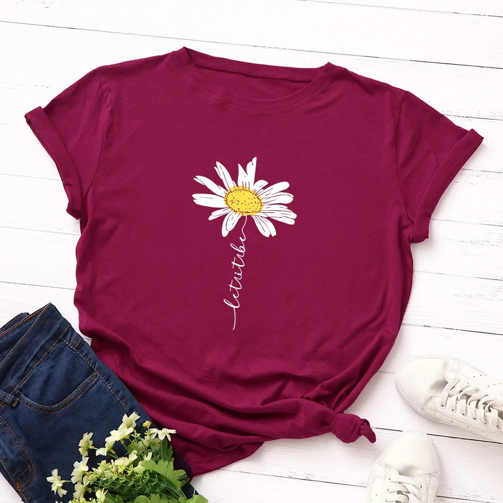 100% Cotton Women T-Shirt 2026 Summer Tshirt Creative Daisies Printed Woman Short Sleeve Tee Tops Female T Shirt
