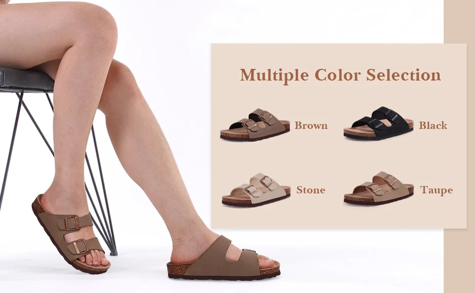 Crestar Women Cork Footbed Slippers Summer Couple Adjustable Double Buckles Flat Sandals Outdoor Cork Beach Slides With Open Toe