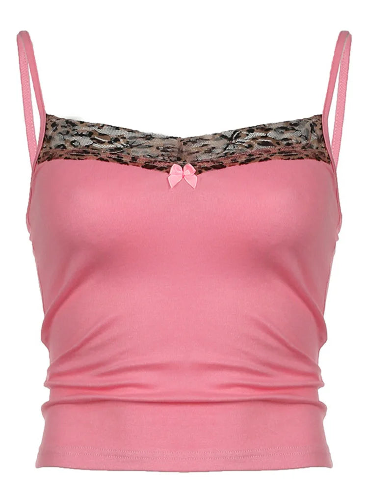 Women's Vintage Leopard Print Crop Top - Sleeveless, Cute Bow Patchwork, Y2K Style, Casual Tees