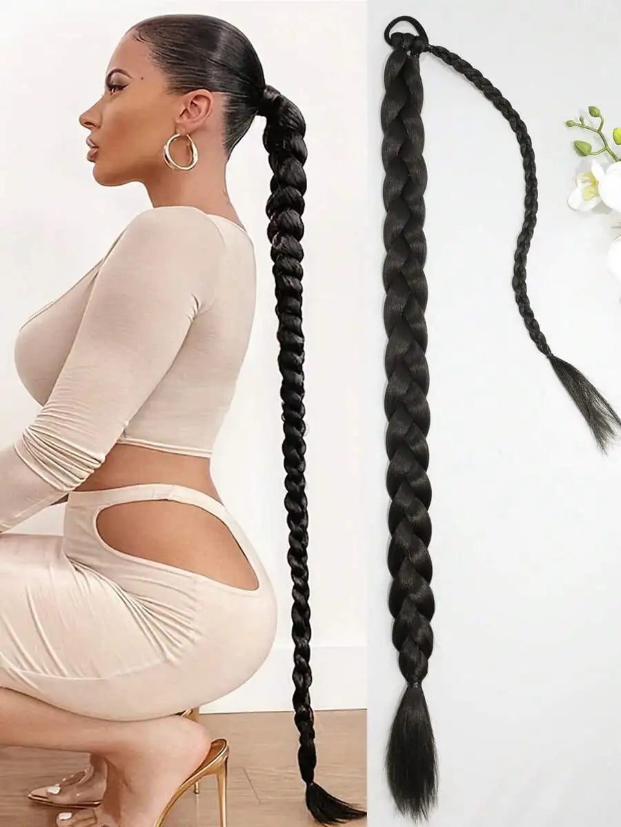 18"/26"/30" Straight Synthetic Hair Extensions, Braided Ponytail, With Soft Scrunchie, Suitable For Daily Use