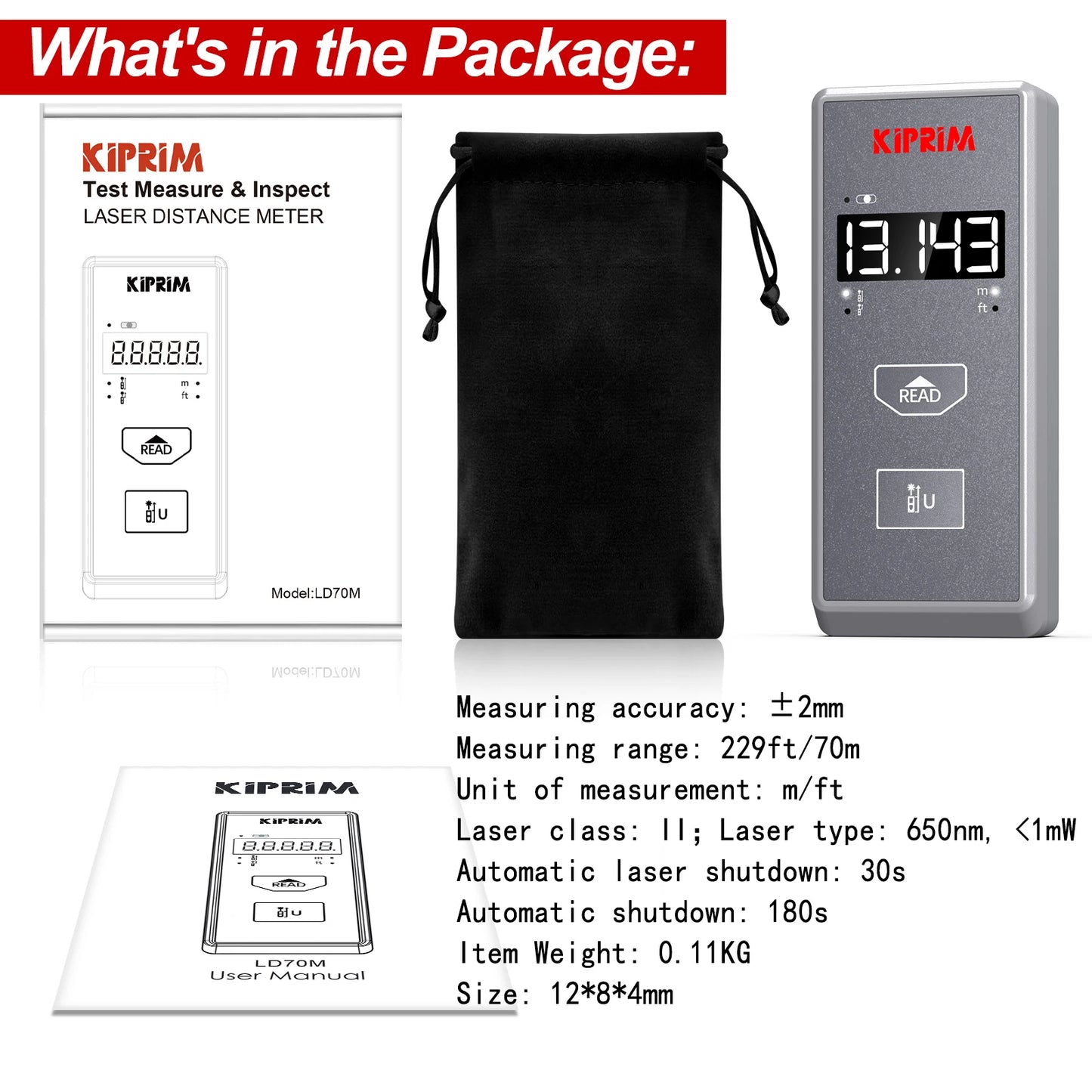 Kiprim Laser Rangefinder 50M 70M 100M Mini Laser Measurement Tool Laser Tape High Accuracy Multiple Measurement Functions