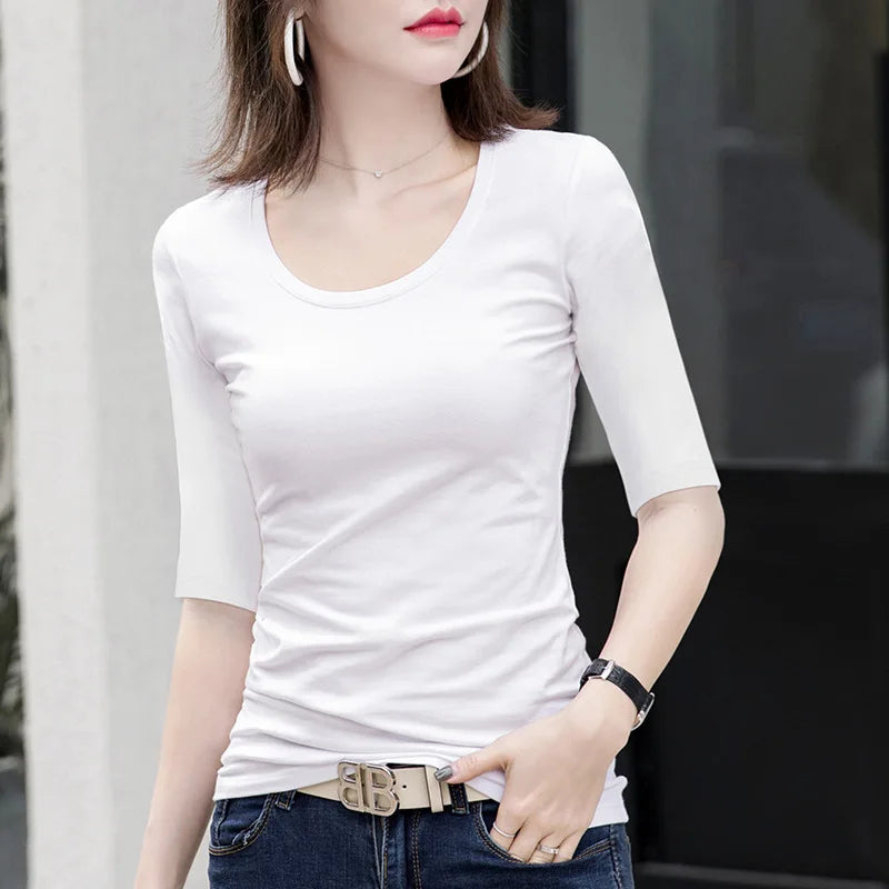MRMT Women's White Mid-Sleeve Bottoming T-Shirt – Half Sleeve Tight O-Neck Top 2026