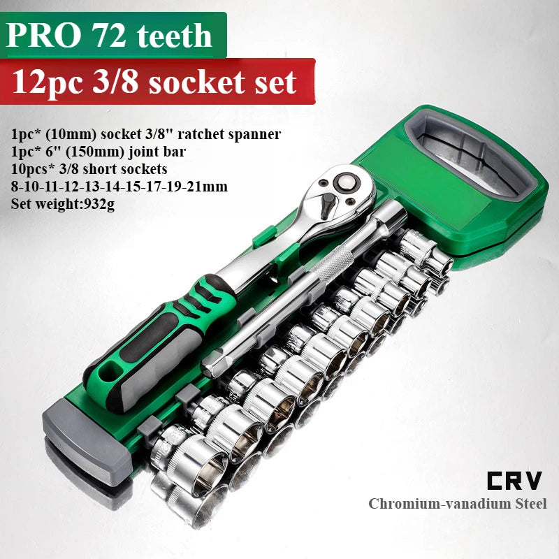 1/4 3/8 1/2 Inch Ratchet Socket Wrench Set 72Drive Motorcycle Car Repair Hand Tools Spanner Sleeves Head Auto Repairing Kit