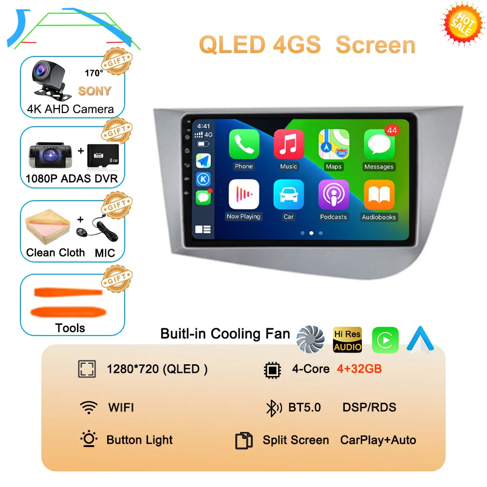 Car Radio Android 16 Navigation GPS Carplay For Seat Leon 2 MK2 2005-2012 Multimedia Video Player Stereo DSP 360 Camera Wifi 4G