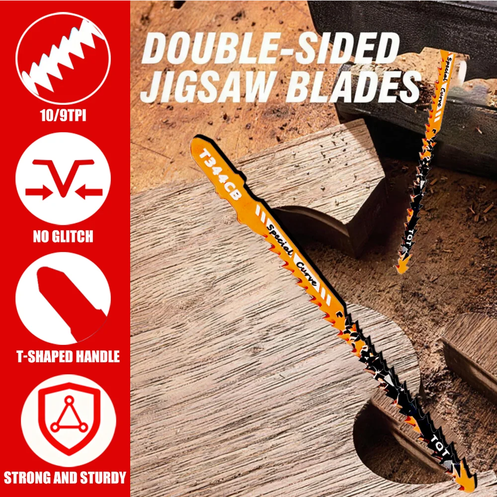 Double-Sided Jigsaw Blades 10/9Tpi T344Cb for Efficient Curved Cutting, Wood & Plastic Saber Saw Blades Set for DIY & Carpenters