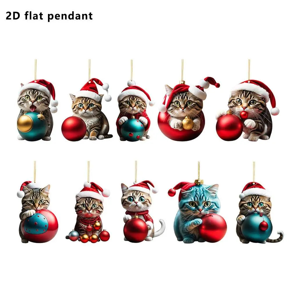 Cute Cat Christmas Tree Decorations 10PCS Acrylic Ornaments Santa Hat Animal Hanging Pendants Xmas Holiday Gifts Decor