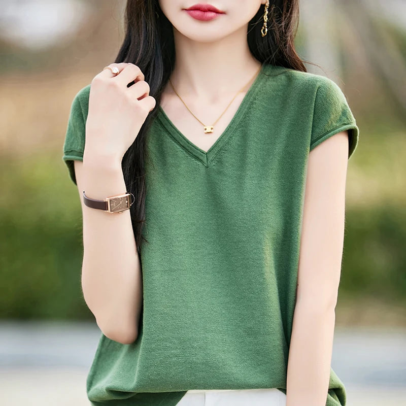 Pure Cotton Hollow Short-Sleeved Ladies Spring And Summer Loose Slim New Joker Knit Bottoming T-Shirt