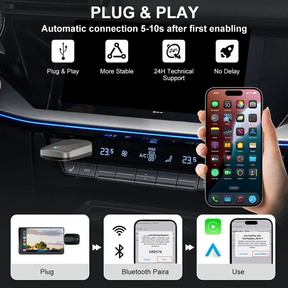 2in1 FLIXIVI Wireless CarPlay Android Auto Wireless Adapter Mini Box Plug and play Connect Universal for Nissan Wireless Adapter