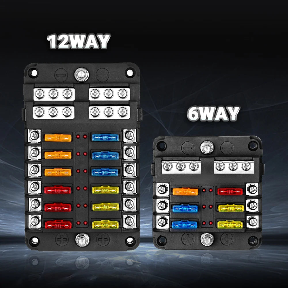 6-12 Way Blade Fuse Block Fuse Box Holder Cover With LED Indicator For a Pillar Switch Panel 12V-24V Board Camper RV Boat