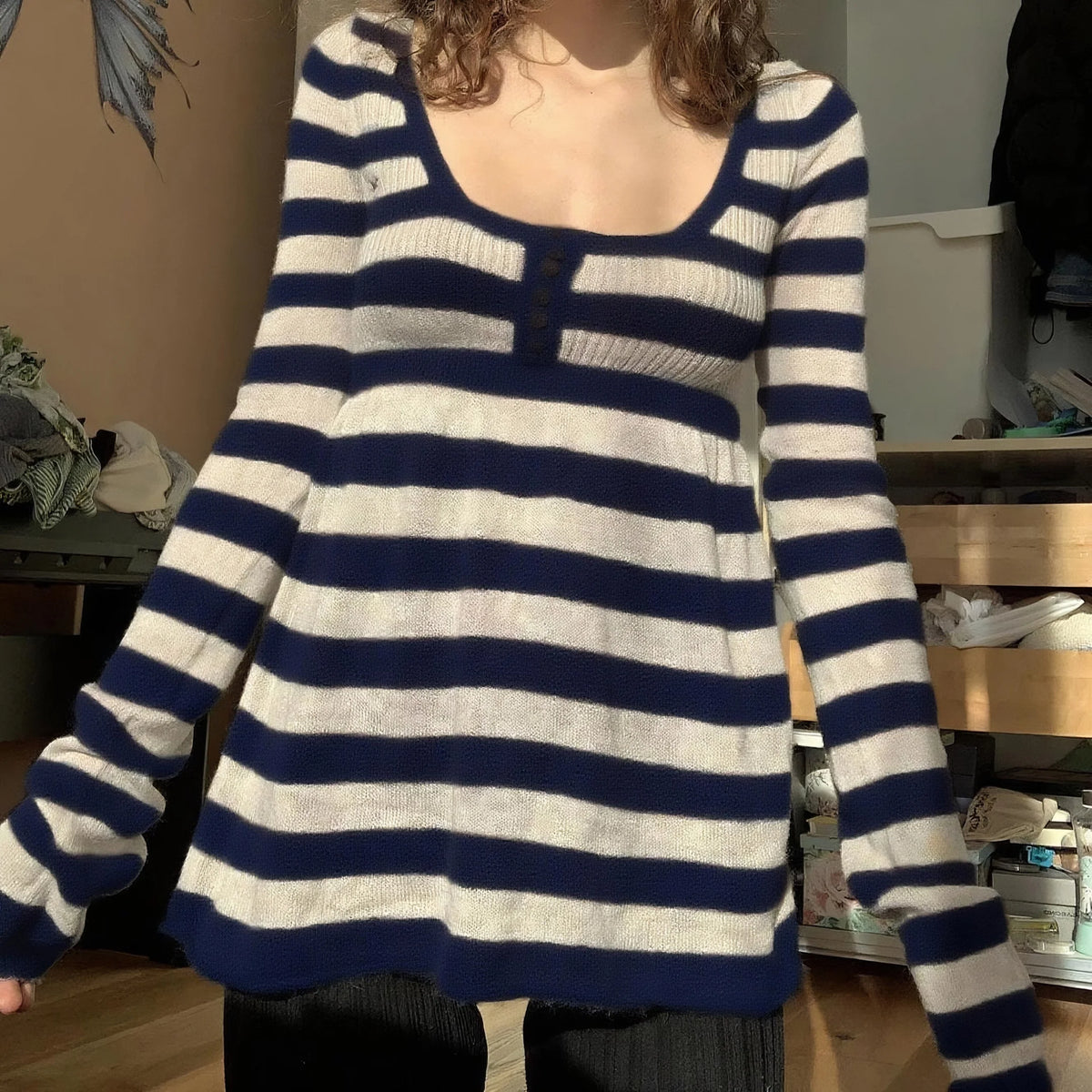 Women's Striped Long Sleeve Knit Top, Black and White