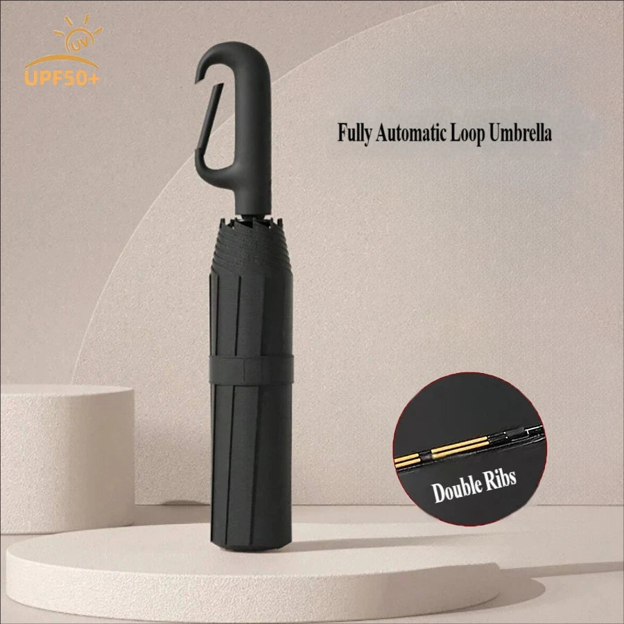 Large Automatic Ring Buckle Folding Umbrella • Business Custom • Black Glue • Windproof • Sun & Rain Dual-Use