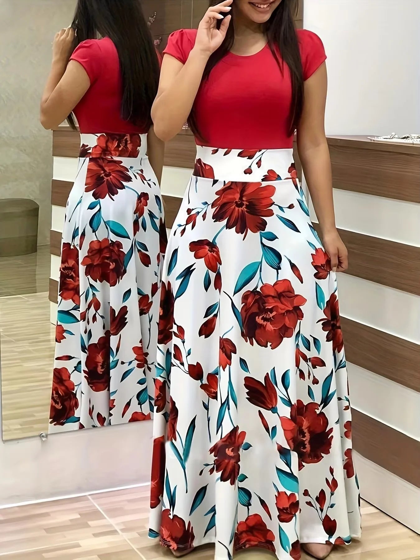 2025 European and American style flower print color matching short sleeved dress for women's large swing skirt