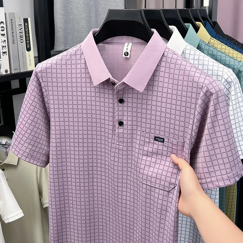 Men's Contrast Lapel Polo - Micro-Lattice Print, Chest Pocket